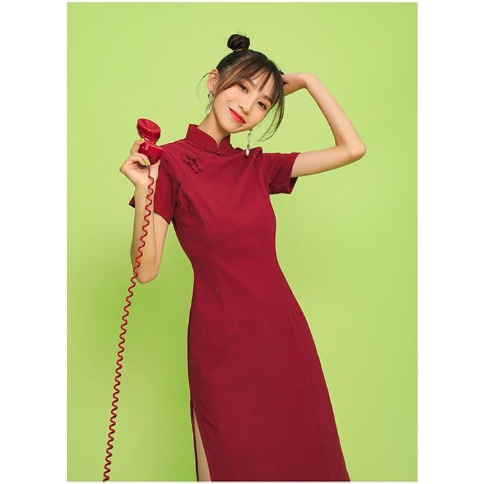 新しい ボルドー ワンピース チャイナドレス サマー 半袖 チーパオ スリット ひざ下丈 ワンピース サイズ L Www Fattoriabacio Com