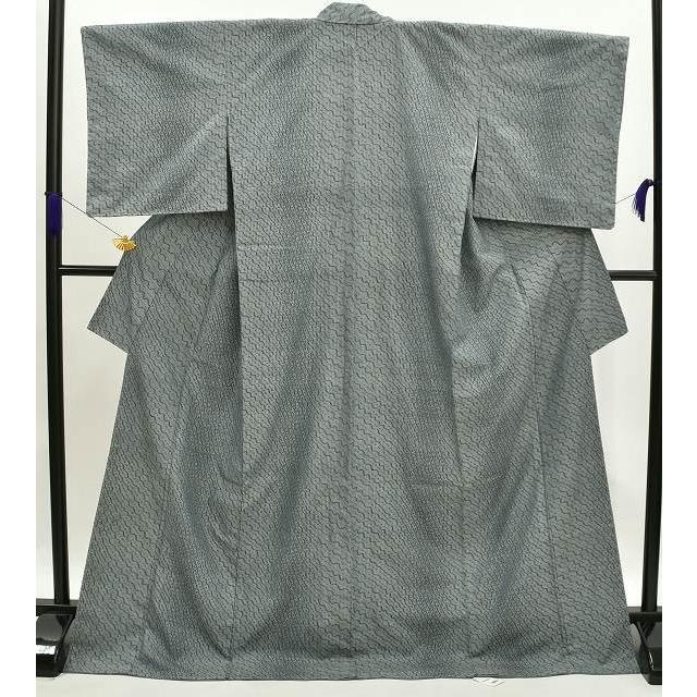 リサイクル着物 紬 中古 十日町紬 緑 正絹 躾付 深川鼠色 美品