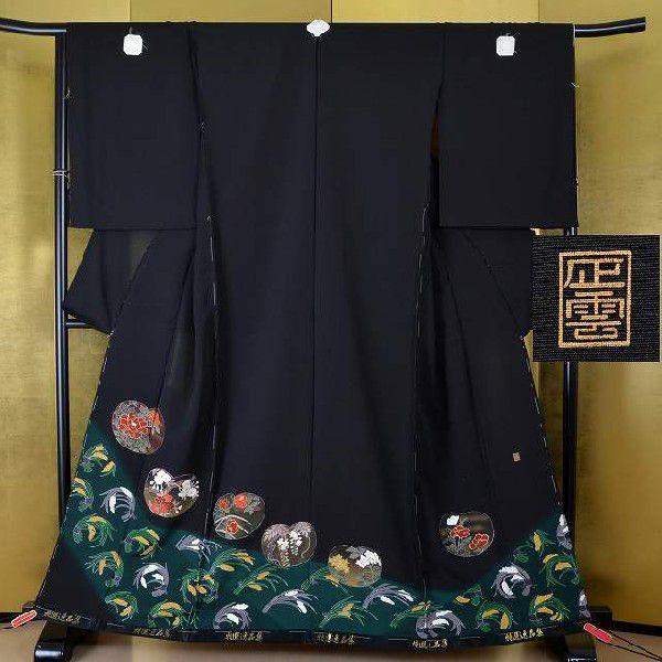 黒留袖 着物 未仕立て 仮絵羽 牡丹 桜 稲穂柄 正絹 kmn0563 黒留袖 着物 未仕立て 仮絵羽 牡丹 桜 稲穂柄 正絹 kmn0563