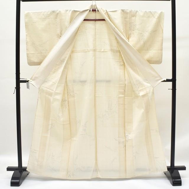 リサイクル着物 夏着物 紬 正絹 植物文様 生紬 白系 中古 ll0434c