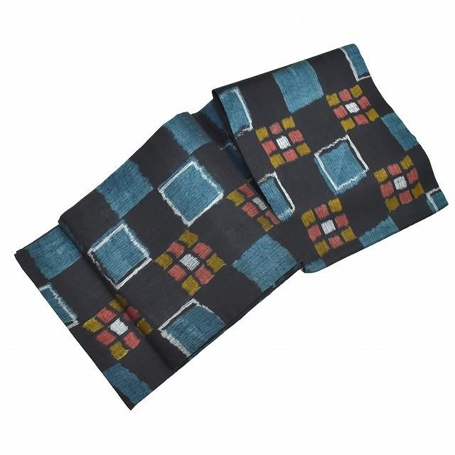 袋帯 六通 洒落袋 幾何変 市松文様 金糸 チェック柄 袋帯 秀品 よろけ