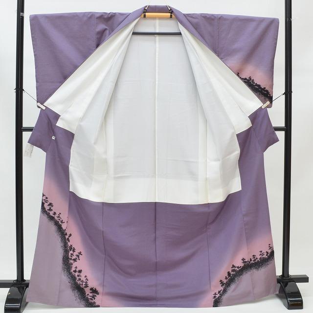 専用 訪問着 染め分け友禅 後染め大島 小西秀樹作 落款 灰紫色 樹木 美品 専用 訪問着 染め分け友禅 後染め大島 小西秀樹作 落款 灰紫色