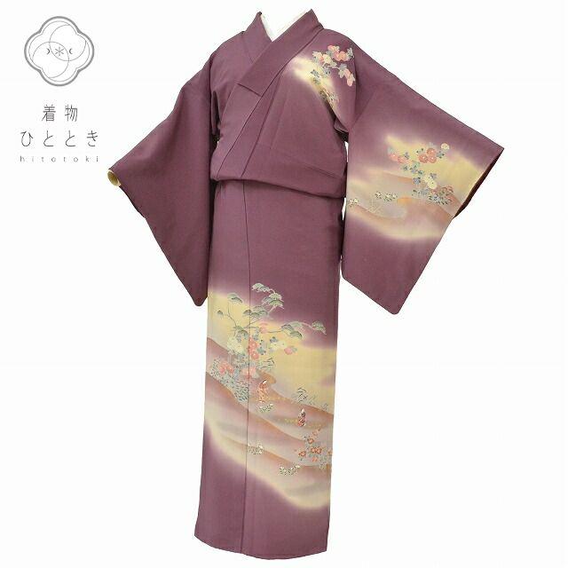 Sすごく大きいサイズお仕立て上り正絹訪問着紫色グレー地花縦縞模様