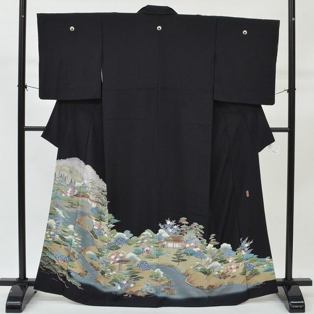 美品❇️京加賀手描友禅作家落款入り 正絹黒留め袖　比翼仕立て五つ紋フルセット C426正絹黒留袖 比翼無し 五つ紋 作家物落款 螺鈿 金駒刺繍金