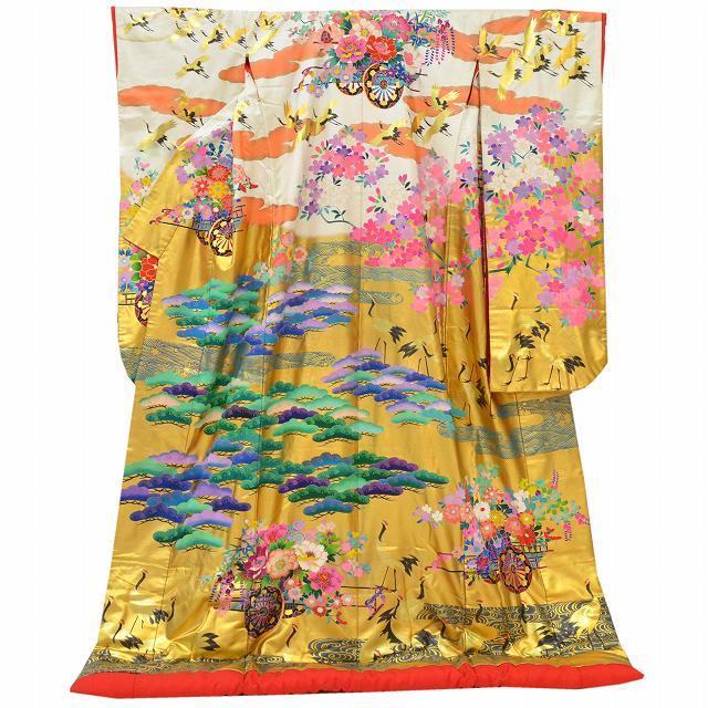 リサイクル着物 色打掛 中古 交織 単品 友禅作家秋山章 落款有 裄68.5 