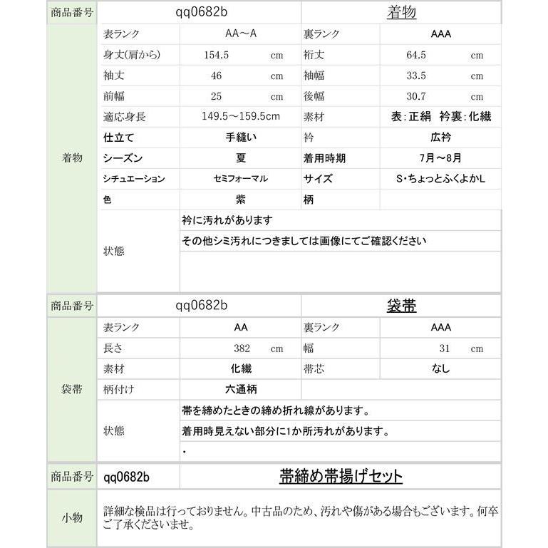 絽 色無地 袋帯 正絹 仕立て上がり セット 帯締め 帯揚げ付き 裄64.5cm 身丈154.5cm ちょっとふくよかL 紫色系 特品★★★★ qq0682b｜hitotoki｜02