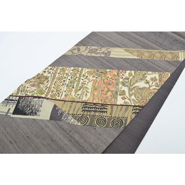 [美品] 紬織　袋帯　正絹　縞　洒落帯　カジュアル　小紋　紬　無地　街着　灰色 袋帯 中古 リサイクル正絹 仕立て上がり ガード加工済 小紋 紬