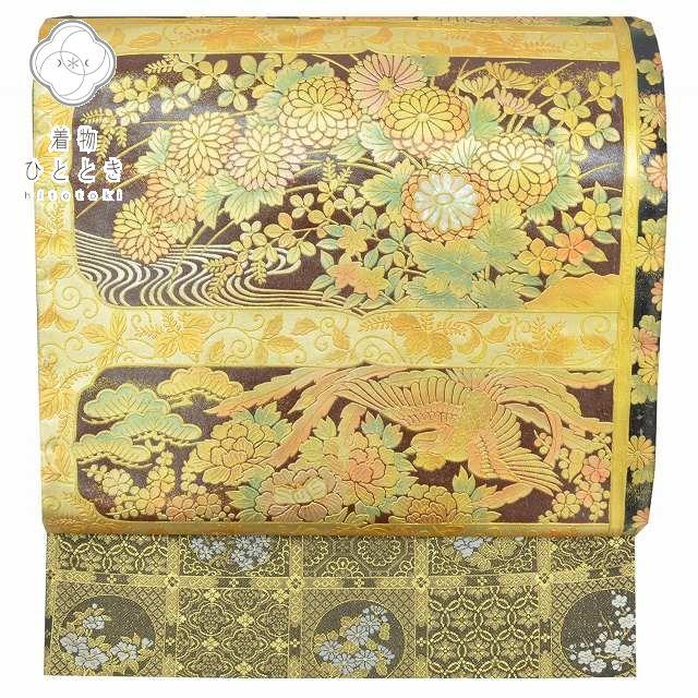袋帯 中古 リサイクル正絹 仕立て上がり リサイクル帯訪問着 茶 金色系 
