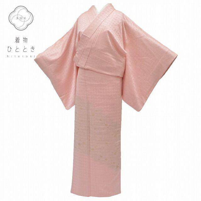 付下げ 正絹 仕立て上がり 紋付 袷 リサイクル着物 身丈157.3cm 裄63.2cm ちょっとふくよかL ピンク色系 幾何学文様 良品★★★ qq1810b