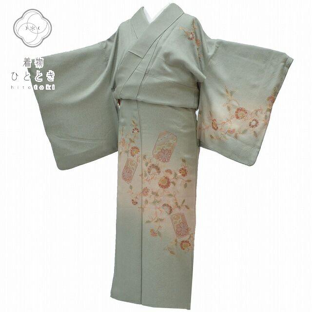 訪問着 正絹 袷 ピンクベージュ 刺繍 トール リサイクル着物 付下げ訪問着 中古 正絹 仕立て上がり 袷 スワトウ刺繍