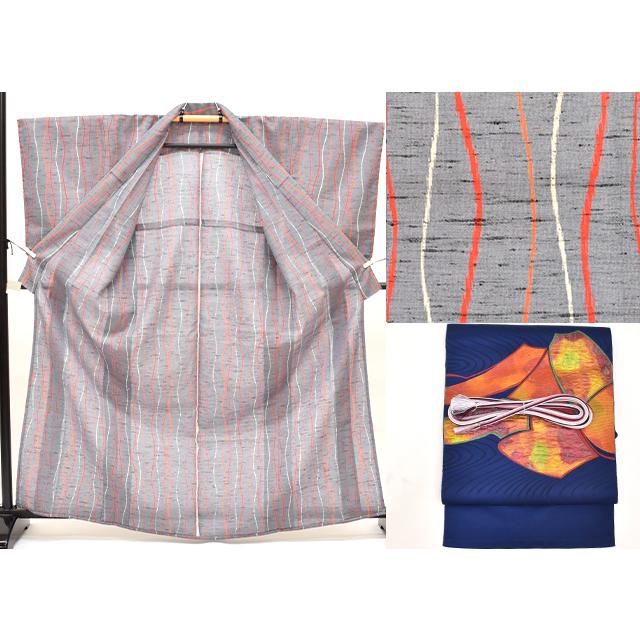ウール着物 セット 小紋 リサイクル着物 単衣 名古屋帯 帯締め