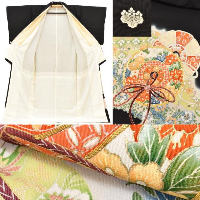 D643 黒留袖　花模様　金駒刺繍　落款　正絹着物　袷　しつけ糸付き未使用極美品 楽天市場】金駒刺繍 黒留袖の通販 D643 黒留袖 花模様 金駒