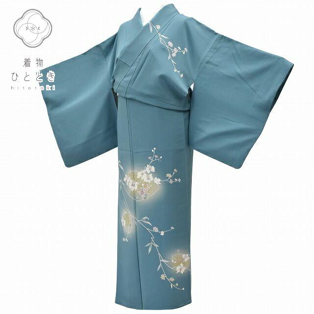 リサイクル着物 付下げ訪問着 中古 正絹 仕立て上がり 袷 青系 花文様