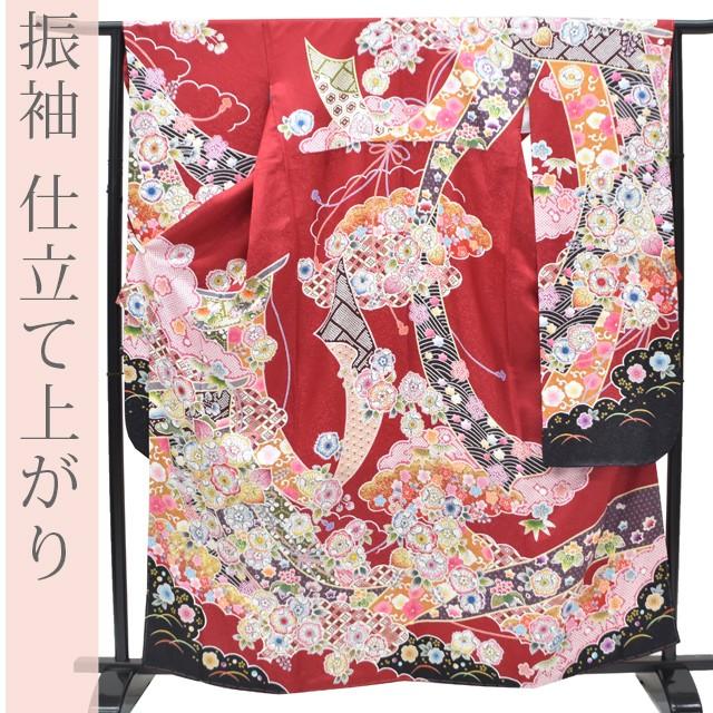 振袖 正絹 古典 金彩 銀通し 仕立て上がり 赤 七宝 辻が花 桜 熨斗目 