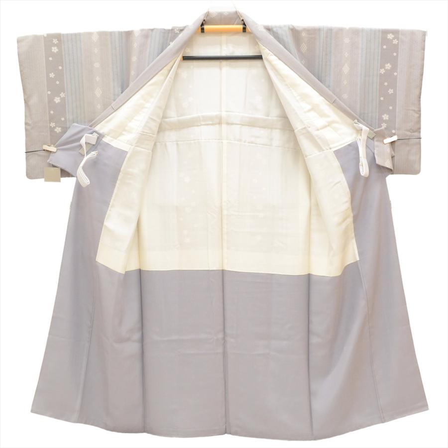 小紋 正絹 身丈137cm L 裄68cm グレー色系 桜 縞文様 帯締め 帯揚げ 