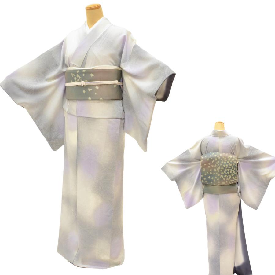 小紋 正絹 未使用品 身丈147cm LL 裄69cm グレー色系 樹木文様 リサイクル着物 帯締め帯揚げセット 大きめ かろやか仕立て 中古 tt0602a120の画像