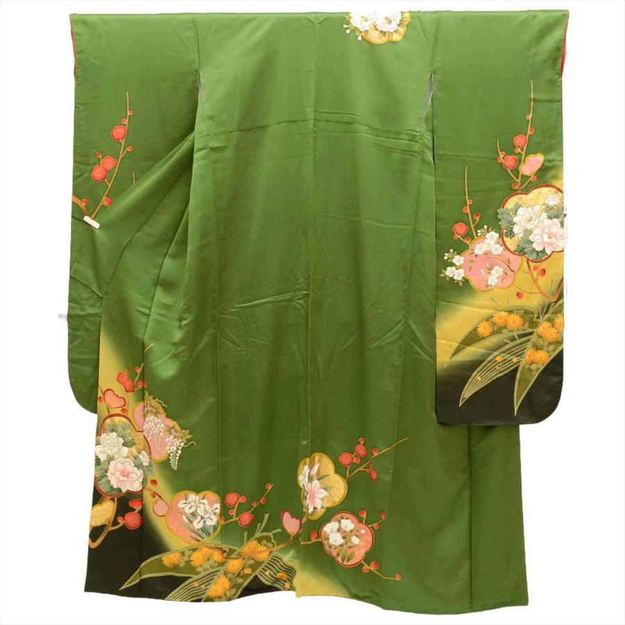 振袖 長襦袢 正絹 身丈164cm L 裄69cm リサイクル着物 緑色系 四季花  