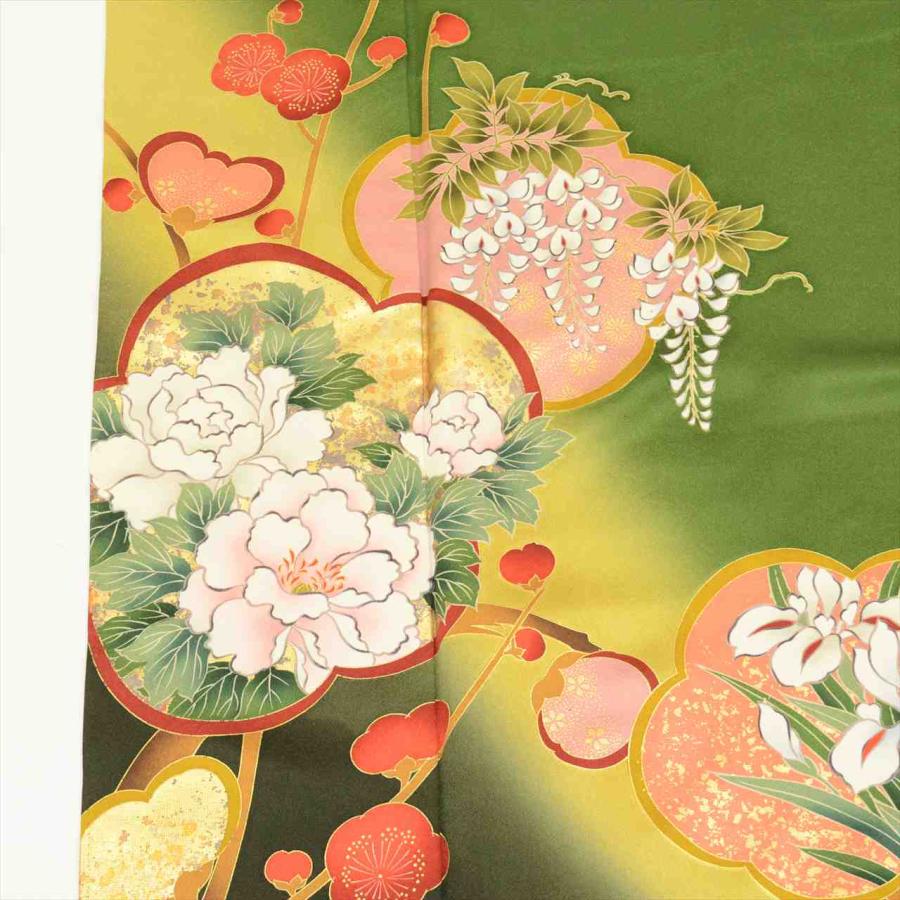 振袖 長襦袢 正絹 身丈164cm L 裄69cm リサイクル着物 緑色系 四季花  