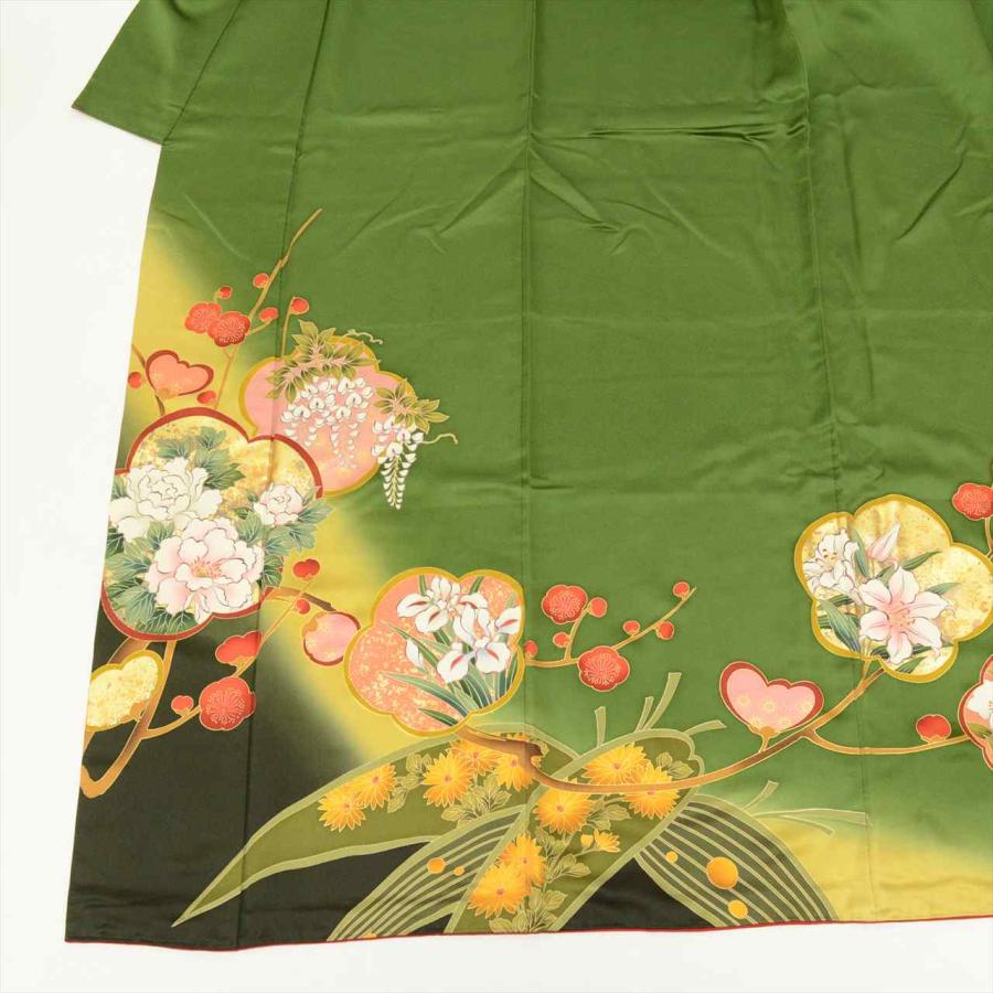 振袖 長襦袢 正絹 身丈164cm L 裄69cm リサイクル着物 緑色系 四季花  