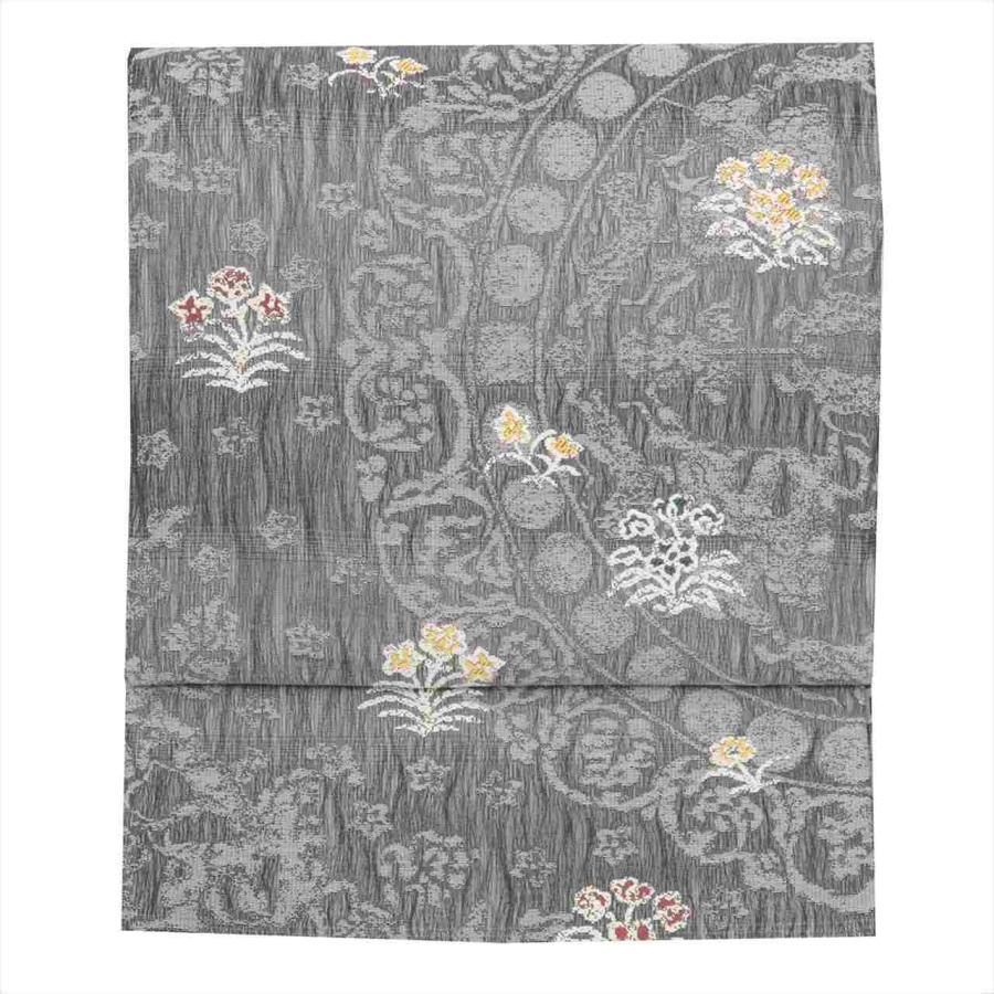 袋帯 夏物 夏帯 正絹 リサイクル帯 美品 仕立て上がり グレー色系 花  