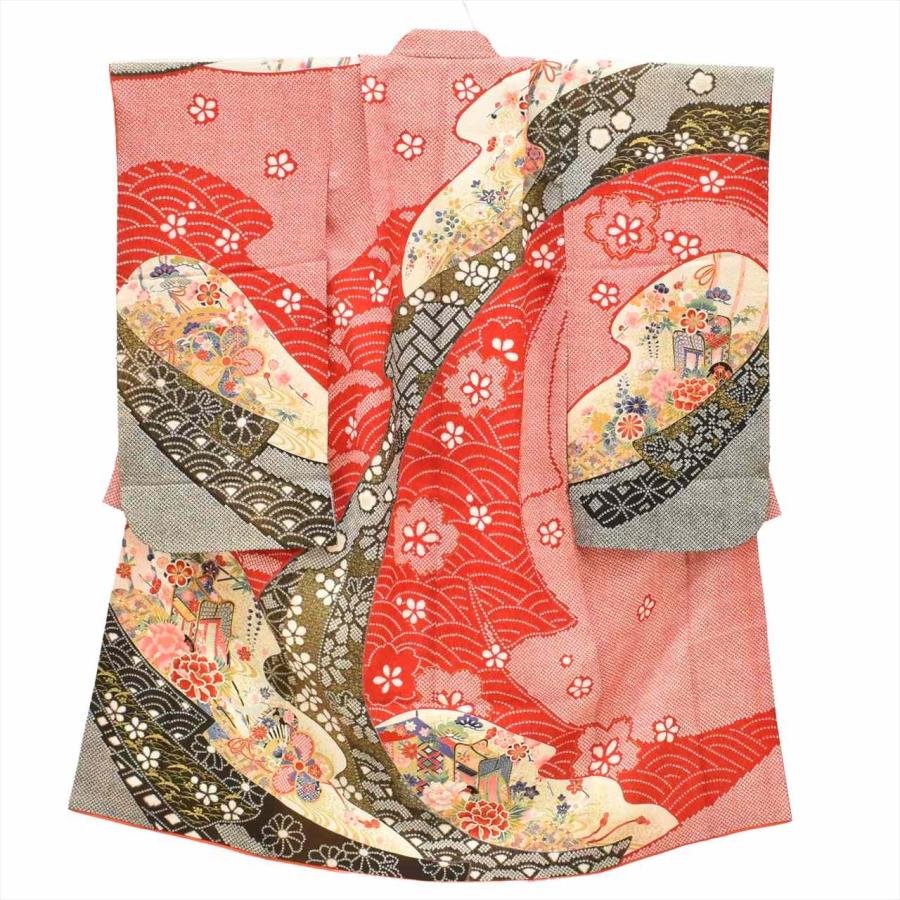 【美品】７歳　着物　帯　長襦袢　３点セット 七五三 女の子 7歳 3点セット 化繊 着物 帯 長襦袢 重ね衿付き