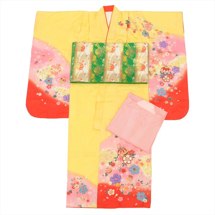 【美品】７歳　着物　帯　長襦袢　３点セット 七五三 女の子 7歳 3点セット 化繊 着物 帯 長襦袢 重ね衿付き