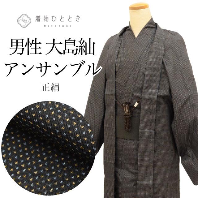 大島紬 正絹 身丈141cm M 裄66cm アンサンブル 男性 羽織 セット 黒色