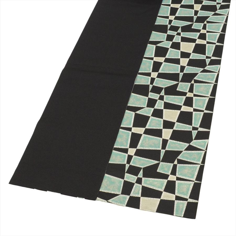 袋帯 交織 仕立て上がり リサイクル袋帯 黒色系 幾何学文様 銀糸 六通