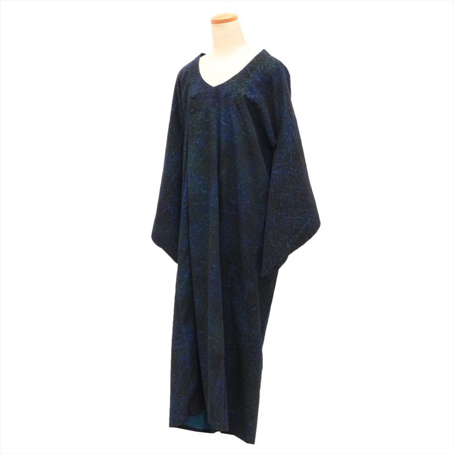 道行コート 化繊 身丈129.5cm 裄65cm 紺色系 花唐草文様 リサイクル