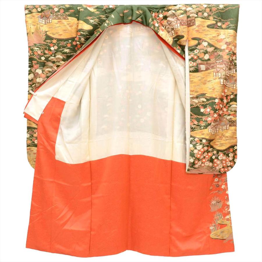 振袖 単品 正絹 身丈157cm M 裄65cm 仕立て上がり リサイクル着物 緑色