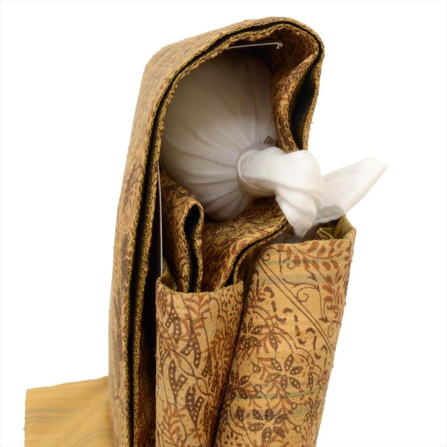 袋帯 正絹 作り帯 付け帯 美品 仕立て上がり 中古 帯 茶色系 草花文様 