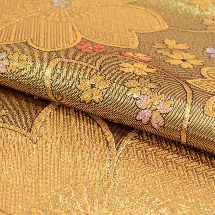 和】16357o 袋帯 六通柄 金駒刺繍 花文様 リサイクル 着物 正絹 袋帯 正絹