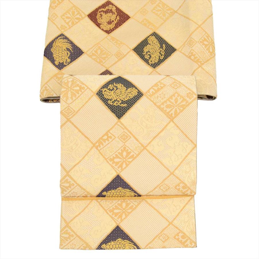 袋帯 正絹 仕立て上がり 美品 リサイクル帯 中古 ベージュ色系 吉祥
