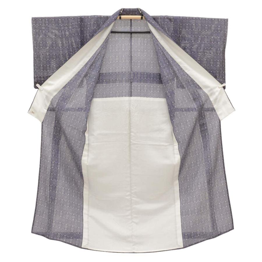 【三花】未使用品　正絹　絽　夏着物　小紋　白地　　リユース リサイクル 小紋 夏 絽 正絹 身丈153.5cm S 裄63cm 仕立て上がり 紫色