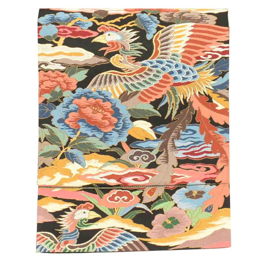 袋帯 リサイクル着物 正絹 黒色系 鳳凰文様 六通柄 落款あり 白綾苑
