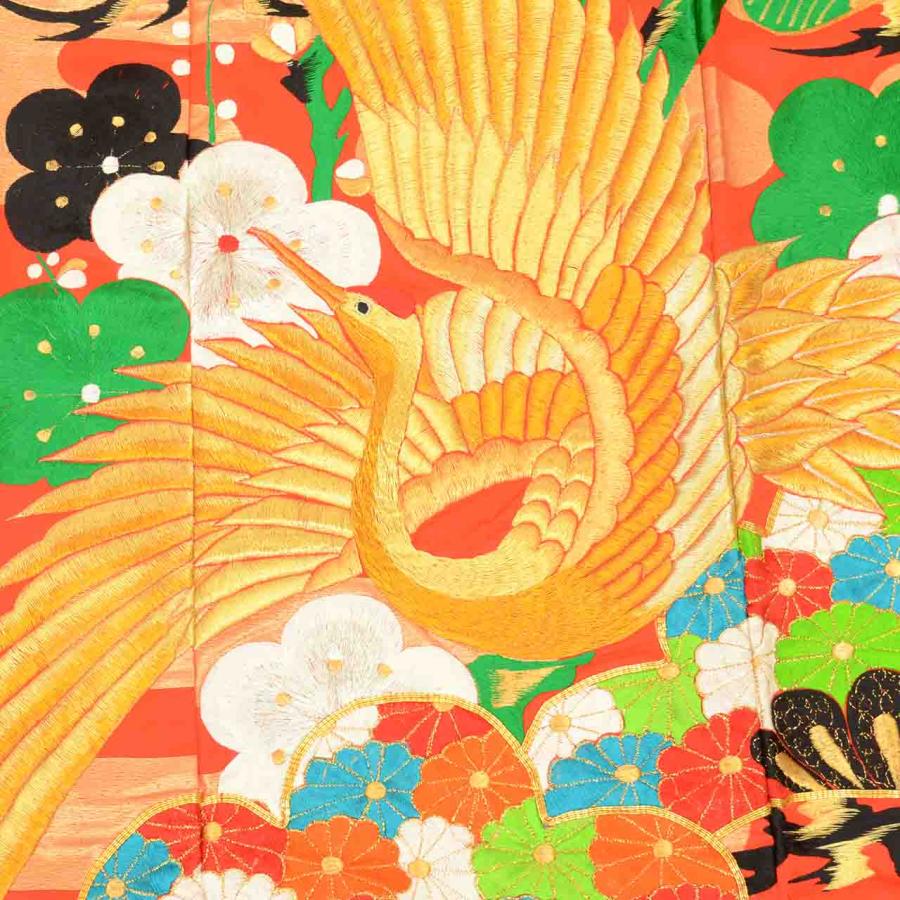 色打掛 リサイクル着物 花嫁衣装 化繊 裄66 身丈187 M 赤色系 鶴 松 