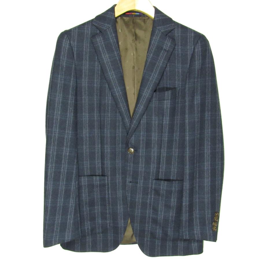 オリヒカ 3ピース スーツ 11号 ストレッチ ネイビー チェック柄 プリーツ ORIHICA（オリヒカ） 新品同様 メンズ ウールミックス テーラード