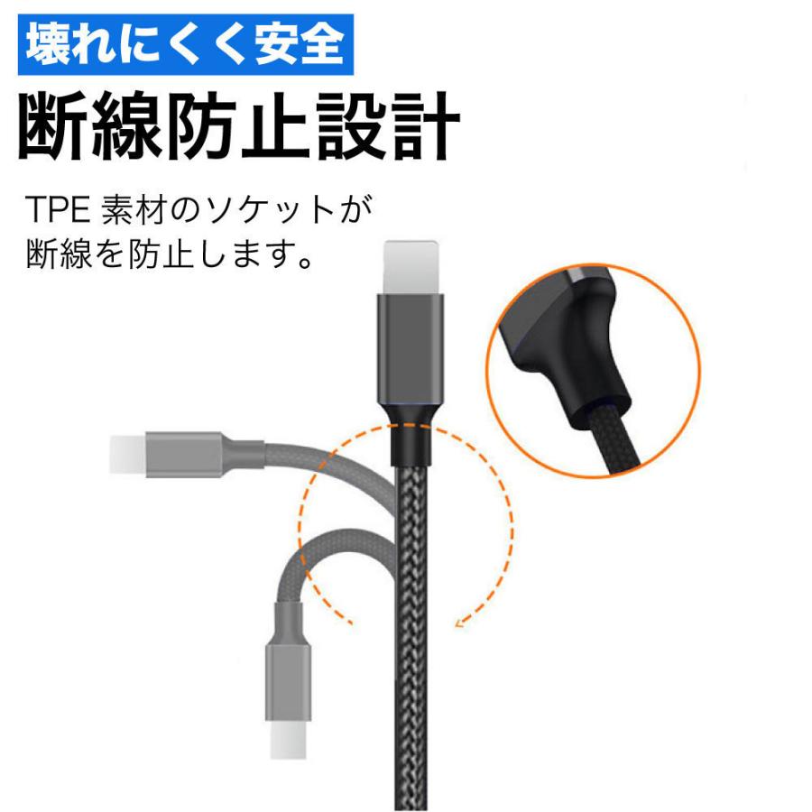 type-cケーブル 急速充電 typec 充電ケーブル タイプc 耐久 充電コード 25cm 50cm 1m 1.5m 2m 3m 短い 長い 断線 防止 USB 変換 データ転送 ナイロン 3本セット｜hitsujyuhin-kobo｜06