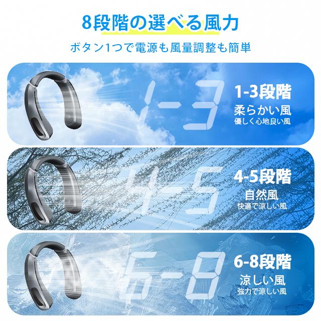 ネッククーラー 首掛け扇風機 羽なし 8段階風量調節 1800mAh USB充電式