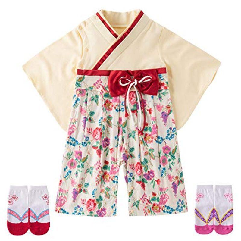 Feidoog ベビー 袴ロンパース 女の子 着物 フォーマル 蝶結び リボン 花柄 靴下付き ひな祭り 70 ベージュ 爆買いセール