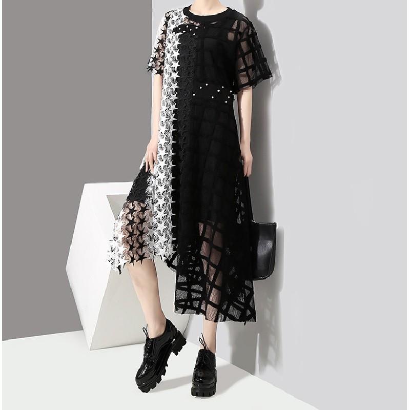 送料無料 シースルー スター パッチワーク レース ワンピース 星 レディース 異素材ミックス 半袖 ロング バイカラー アシンメトリー 刺繍 El Hkhshop 通販 Yahoo ショッピング