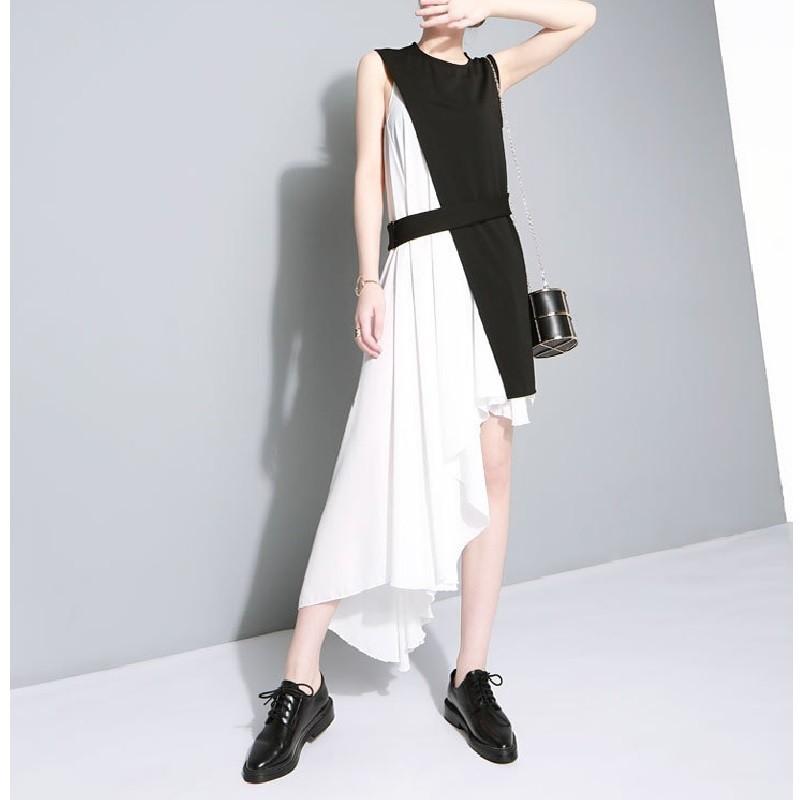 送料無料 レディース チュニック アシンメトリー ワンピース 黒 バイカラー モノトーン 左右非対称 クルーネック ノースリーブ 無地 パーティー El Hkhshop 通販 Yahoo ショッピング