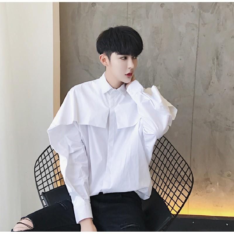 送料無料 メンズ シャツ 長袖 ヨーク バットウィングスリーブ シンプル お洒落 バットスリーブ フリルシャツ ルーズ ホワイト ブラック El Hkhshop 通販 Yahoo ショッピング