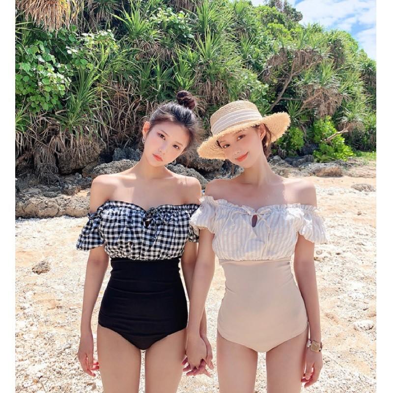 送料無料 ギンガムチェック 甘キュート オフショル ワンピース水着 チェック柄 レディース バルーン袖 袖あり 可愛い 大人可愛い El Hkhshop 通販 Yahoo ショッピング