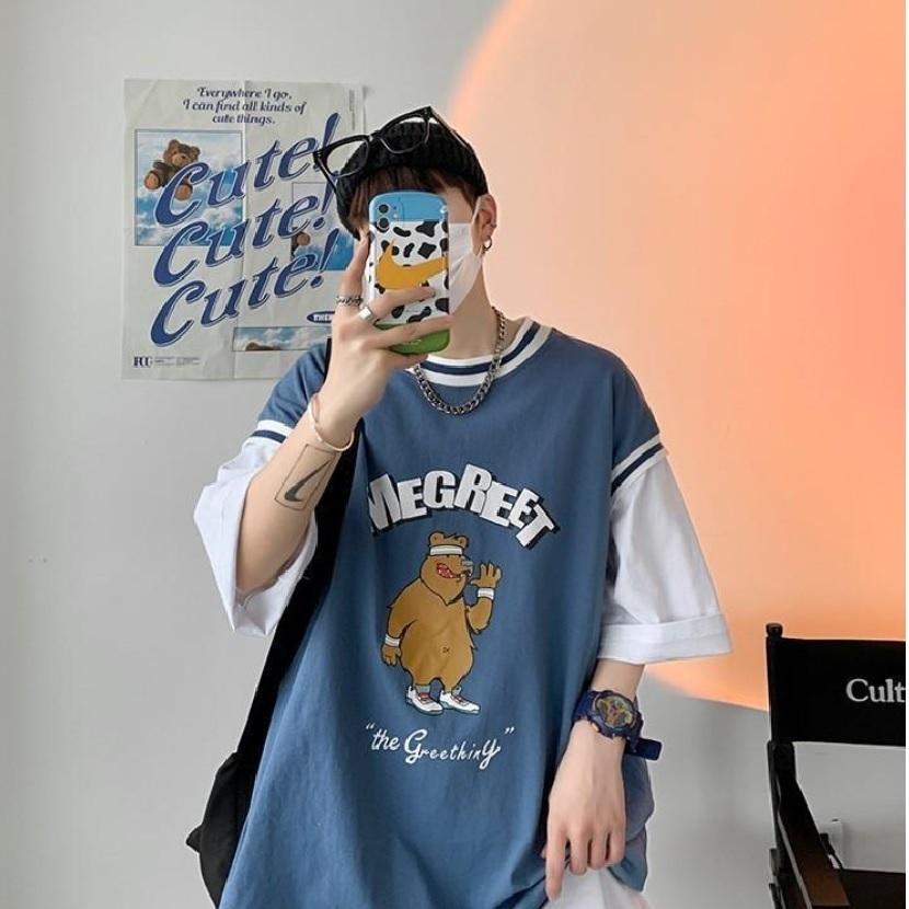 送料無料 メンズ レディース ユニセックス トップス Tシャツ ビックシルエット 重ね着風 クマ イラスト アメカジ 原宿系 オーバーサイズ 半袖 El Hkhshop 通販 Yahoo ショッピング