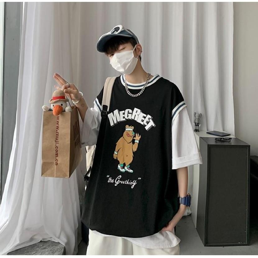 送料無料 メンズ レディース ユニセックス トップス Tシャツ ビックシルエット 重ね着風 クマ イラスト アメカジ 原宿系 オーバーサイズ 半袖 El Hkhshop 通販 Yahoo ショッピング