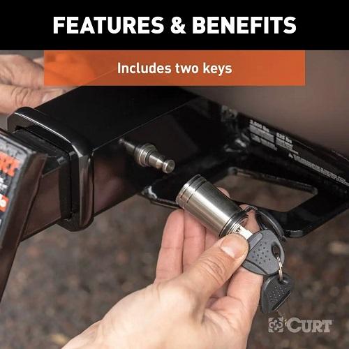 CURT カート ロックピン/ヒッチロック 1.25インチ角 ステンレス製 2インチ角用アダプター付 40mm角にも適合 鍵付き 正規品 23517の画像