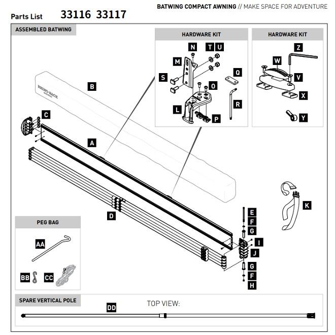 RHINO-RACK ライノラック　バットウィング コンパクトオーニング RH 右側マウント STOW IT 付き 33117　※個人宅不可