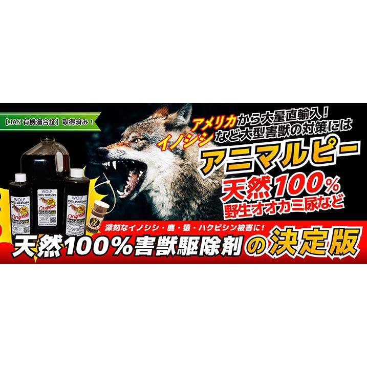 天然100%野生オオカミ(ウルフ)尿 害獣対策 熊イノシシ鹿ハクビシン猿タヌキ野良猫 ウルフピー同内容同品質品 アニマルピーNo.1 大ボトル(900g入り)の画像