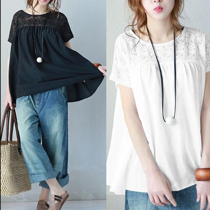 ブラウス レディース 半袖 クルーネック オーバーブラウス レース ロングブラウス 夏 プルオーバー  ゆったり 体型カバー |  | 07